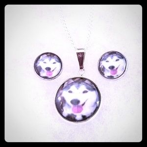 New! Handcrafted Cabochons Husky Puppy .925 Sterling Jewelry Set